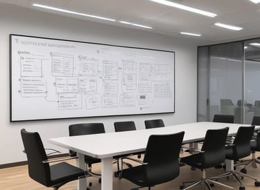 A man stands at a whiteboard in a modern office setting. The whiteboard displays a website wireframe sketch with some notes. The man is wearing a white t-shirt and is holding a marker. In front of him, on a wooden table, there is a laptop with various stickers, a smartphone, and an electronic device. The office features large windows and sleek lighting fixtures.