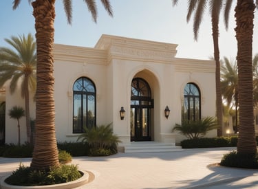 A waterfront scene featuring two large, modern houses with spacious terraces facing a calm body of water. The houses have palm trees nearby, adding a tropical feel to the environment. The sky is clear and blue, and the water reflects the buildings and the sky.