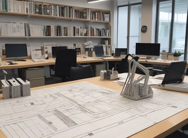 Two construction workers, wearing safety helmets and protective clothing, are standing at a construction site. One is wearing an orange high-visibility jacket, smiling, and gesturing with his arms. The background includes various construction materials and equipment.