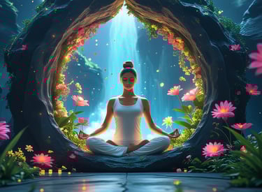 pessoa sentada em posição de meditação dentro de uma cabeça aberta, que se transforma em um jardim