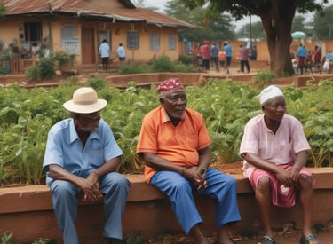 A group of elderly individuals wearing face masks stand in a line indoors. They are dressed in traditional clothing, holding documents or bags, indicating they might be waiting for a service or appointment. The room has neutral walls and some natural light coming in.
