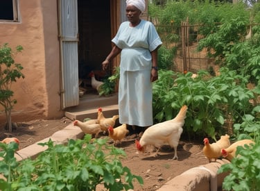 An elderly person with white hair and a striped shirt is bending down to tend to a raised bed garden filled with green leafy vegetables. The surrounding environment includes various gardening tools and lush greenery in the background.