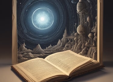 A vintage suitcase is used as a makeshift table, with a book titled 'SpaceTime Infinity' resting on it. The book cover features an image of the planet Saturn. Nearby is a potted plant with trailing green leaves, and a wooden chair with yellow and white striped upholstery is partially visible.