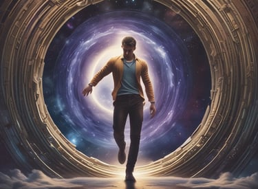 An astronaut in a space suit stands next to a vintage car in a dimly lit, surreal nighttime setting. The scene conveys a futuristic or alternate reality atmosphere with a dark blue color palette dominating the environment. The astronaut appears contemplative, leaning against the vehicle under the expansive dark sky.