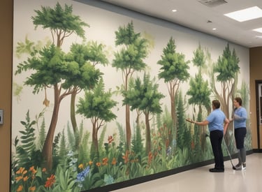 A mural painted on a building facade features an imaginative scene with urban elements like buildings, staircases, and people. The artwork includes a person walking up painted stairs, seamlessly blending with the real environment. Trees and parked cars are visible in the surrounding area, contributing to the vibrant and lively atmosphere.