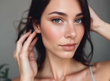 Portrait of a woman with natural makeup and clear skin showcasing professional eyebrow shaping and lash lift.