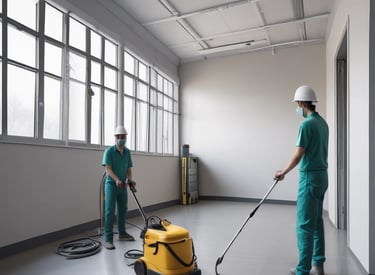 A person wearing a blue shirt and light-colored shorts is cleaning a large window. The sky outside is blue with scattered clouds and there are trees and parts of a building visible.
