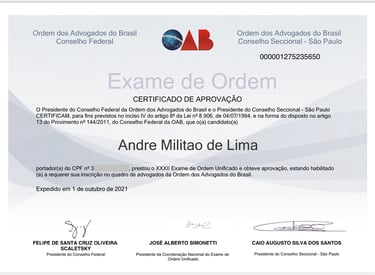 Certificado de Aprovação no Exame Nacional da Ordem dos Advogados do Brasil 