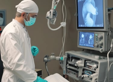 Medical professionals wearing surgical attire perform an operation in a dimly lit operating room. The focus is on the procedure, with surgical instruments and materials nearby.