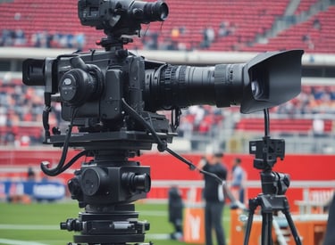 A young man operates a professional video camera on a tripod, wearing headphones and an equipment vest. He appears focused on his task. The background features a black and white fabric banner and a building with red and white colors.