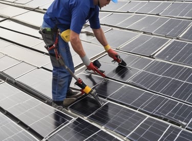 Technician inspecting solar panel system on a sunny day.
