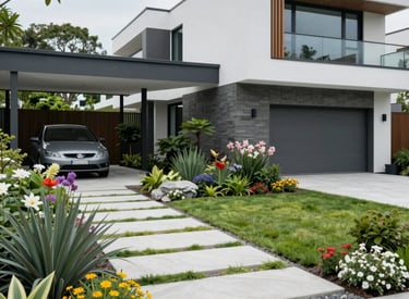 Outdoor patio area with modern furniture and greenery.