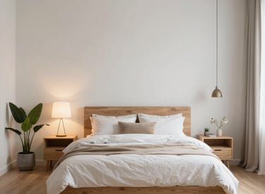 Elegant bedroom with soft colors and minimalist furniture.