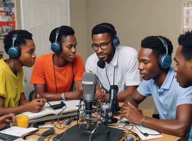 A vibrant podcast studio with microphones and headphones.
