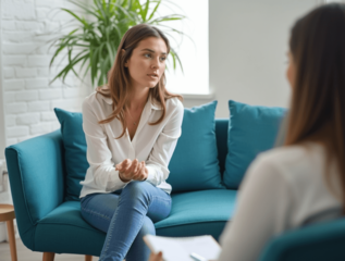 Uma mulher de camisa branca e jeans sentada em um sofá