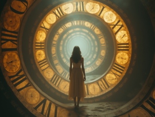 Uma mulher de pé observando um grande relógio com digitos romanos