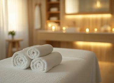 Mesa de masaje con toallas blancas enrolladas, luz cálida y velas encendidas en un ambiente elegante