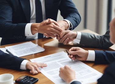 A friendly real estate agent discussing options with a couple in a bright office setting.