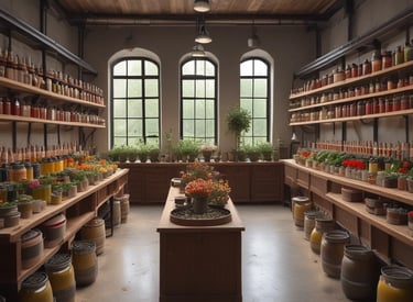 A small market or street vendor with several women interacting around a table displaying various goods, including packaged food items and bottled products. The vendor is situated in a busy area, with posters and shelves filled with merchandise in the background. The atmosphere is casual, with women wearing a variety of colorful clothing styles.