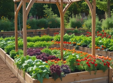 A beautifully arranged home garden with various herbs and vegetables.