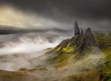 Old Man of Storr in mist landscape