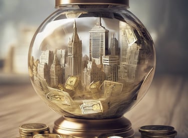 A hand holding a smartphone in front of a wooden background. The phone screen displays a financial investment application with the text 'The smartest thing to do with your money'. Below it, there are illustrations of stacked coins and a call-to-action button labeled 'Start investing'.