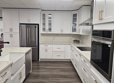 A modern kitchen with white cabinets and countertops.