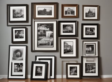 Several framed art pieces are displayed on a dark green wall. The frames are ornate with classic designs, and one of the paintings appears to have historical or classical themes. A large mirror with a simple white frame is also visible.