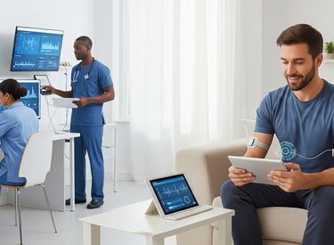Paciente em casa sendo monitorado remotamente por profissionais da saúde com uso de tecnologia digit
