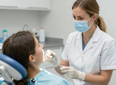 A dental professional in a blue uniform and mask is attending to a patient in a dental chair. The dentist is using dental equipment under a bright examination light, while the room has a calm ambiance with pastel-colored walls.