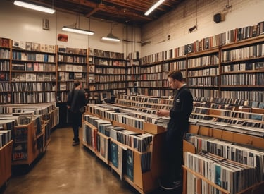 Rows of vinyl records are arranged in a record store, with labels like 'classical' visible. The background includes a blue wall, green plants, and blurred out decor and lighting.