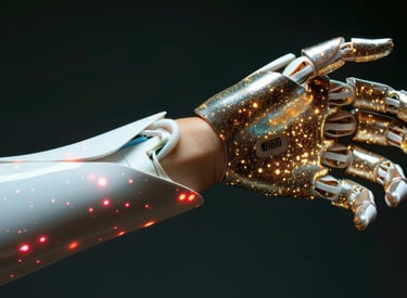 a robot hand holding a glowing hand