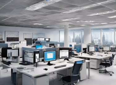 a desk with a computer monitor and a desk with a chair