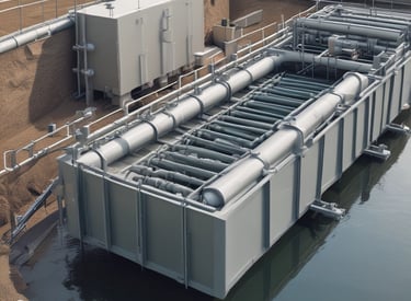 A large industrial building with multiple windows is situated behind a body of water, possibly part of a water treatment facility. A metal structure extends over the water, and trees are visible in the background under a cloudy sky.