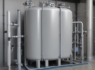 An industrial landscape featuring numerous large cylindrical tanks and distillation columns in the background, likely part of a refinery or chemical plant. Smoke is visible rising from some structures, indicating active industrial processes. The foreground includes a sandy shoreline with calm waters reflecting the blue and gray tones of the sky.