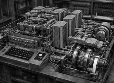 Computador mecânico Z1 antigo com teclado e complexos circuitos de tubos de vácuo em preto e branco.
