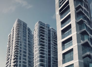 Image of modern commercial and residential buildings under clear skies.