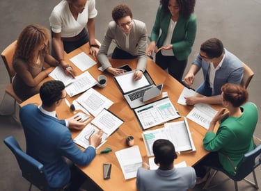 A team of professionals collaborating over charts and laptops in a modern office.