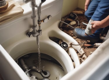 a man in blue overalls and blue jeans standing in a hole in the ground