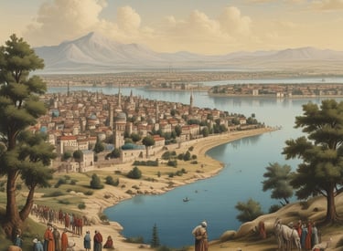 A scenic view of a town with traditional Ottoman architecture, featuring red-roofed houses and green trees. The prominent structures include two mosques with minarets, nestled among the other buildings. The background shows a lush landscape of rolling hills and forests.