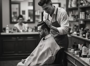 A barber is giving a haircut to a client in a stylish and colorful barbershop. The barber, wearing a black cap and t-shirt, focuses intently as he uses scissors to trim the client's hair. The shop's walls are adorned with vibrant graffiti art and various decorations, adding to the lively atmosphere.