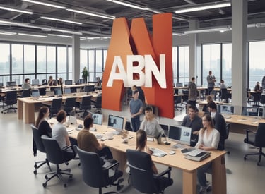 a group of people sitting at desks in a large room