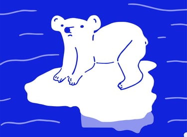 Ilustración de arte lineal azul y blanco de un oso polar parado sobre un témpano de hielo derretido 