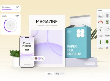 Branding and packaging mockup scene featuring magazine, smartphone, and paper boxes, showcasing customizable design tools.
