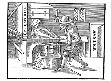 Gravure d'un forgeron martelant