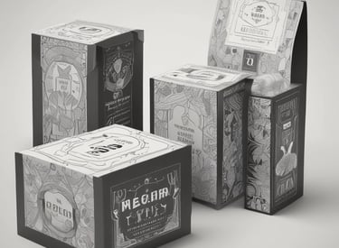 A person is using a laptop, working on graphic design, with three similar-looking design templates on the screen. The setting appears to be indoors with natural light coming through sheer curtains. The person has brightly painted nails and a tattooed forearm, wearing a colorful checked fabric.