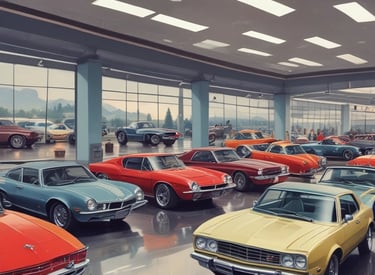 A car dealership is visible with multiple cars parked in rows under bright lights. The sky displays a gradient from orange to deep blue, indicating sunset or early evening. Palm trees are silhouetted against the colorful sky, and there are illuminated signs with the Ford logo.