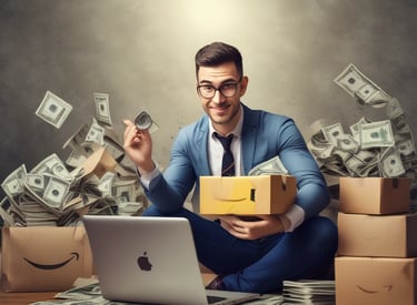 A man sits at a table in a cafe or office environment, wearing glasses and a suit. In front of him, an open laptop displays a webpage about cryptocurrency price surges. A newspaper titled 'Financial Times' lies on the table, along with a cup of coffee and a smartphone. The table surface is wooden, contributing to a cozy, businesslike atmosphere.