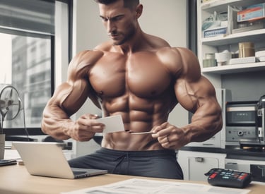 A close-up view of a fitness watch with a red strap placed on a textured purple exercise mat. Beside the watch are two large blue dumbbells with white branding on the ends.