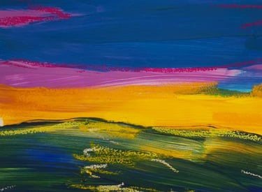 Farbenfroher Sonnenuntergang auf dem Wasser. Grobe Pinselstriche der Acrylmalerei